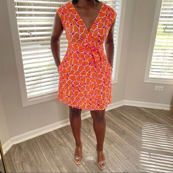 Revolve Diane Von Furstenberg DVF Orange Purple Giraffe Animal Print Wrap Dress - Picture 5 of 14